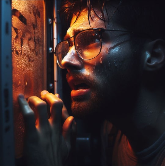 Мужчина встревоженно смотрит в окно